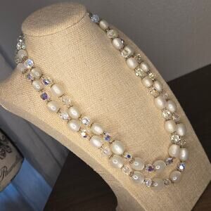 Vintage Marvella Moonglow & Iridescent Crystal Double Strand Necklace